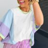 White Color Block Patchwork Half Sleeve Oversized T Shirt