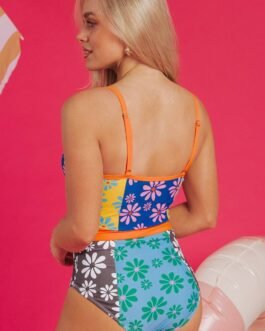 Orange Floral Colorblock Buttoned Décor Front Spaghetti Straps Teddy Swimsuit