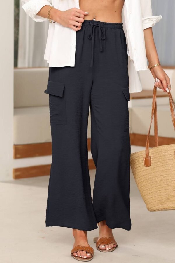 Black Drawstring Frilled Waist Wide Leg Utility Trousers - Image 5