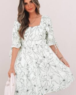 Beige Floral Print Square Neck Shirred Back Puff Sleeve Mini Dress