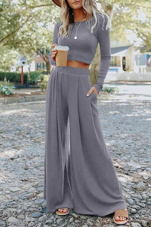 Black Solid Color Ribbed Crop Top Long Pants Set - Image 7