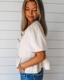 White Bow Tie Short Puff Sleeve Ruffle Hem Blouse