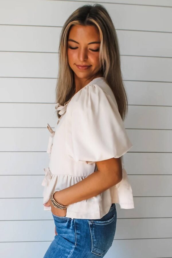 White Bow Tie Short Puff Sleeve Ruffle Hem Blouse - Image 2