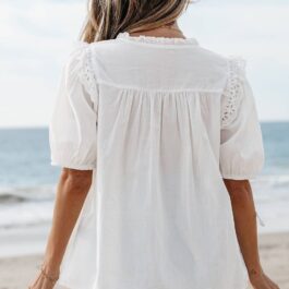 White Embroidered Lace Patchwork Tie Neck Puff Short Sleeve Blouse
