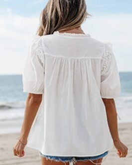 White Embroidered Lace Patchwork Tie Neck Puff Short Sleeve Blouse