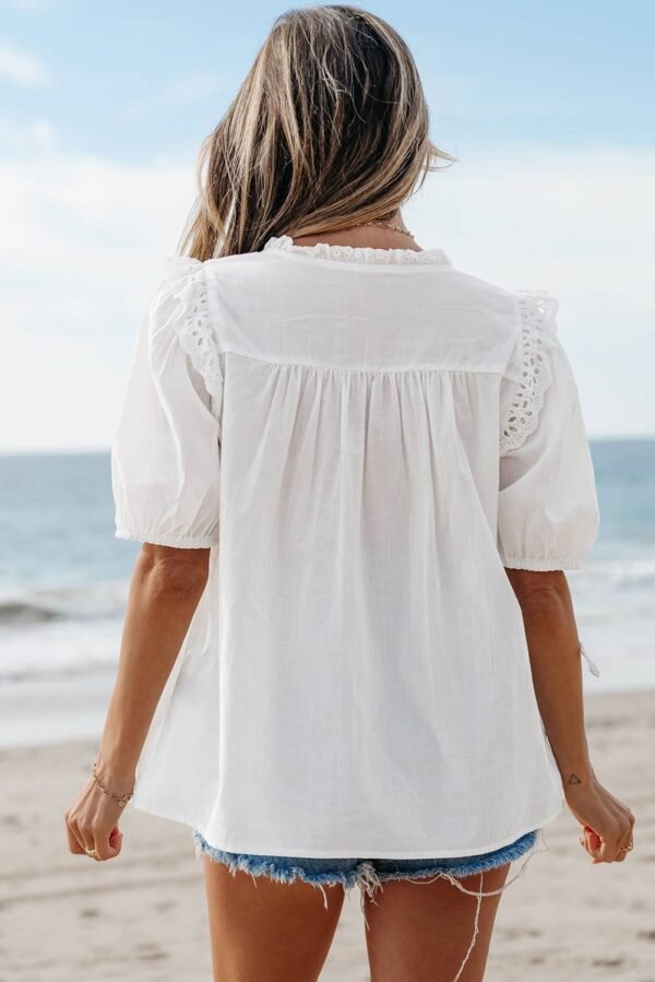 White Embroidered Lace Patchwork Tie Neck Puff Short Sleeve Blouse - Image 2