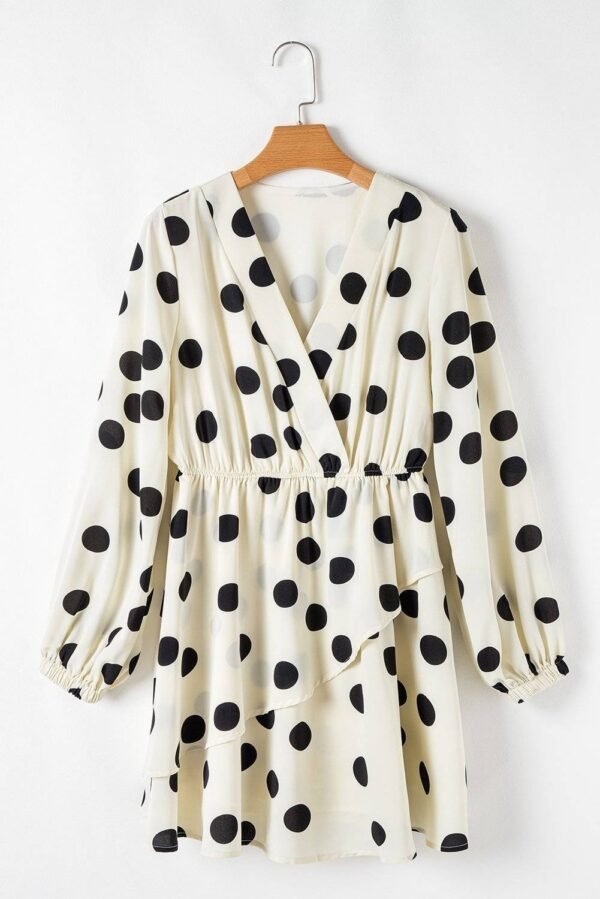 Beige Polka Dot Printed Surplice V Neck Puff Sleeve Mini Dress - Image 8