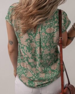 Green Floral Print Pleated Buttoned V Neck Short Sleeve Blouse