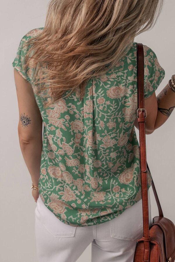 Green Floral Print Pleated Buttoned V Neck Short Sleeve Blouse - Image 2