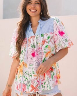 Multicolour Floral Print Striped Yoke Frilled V Neck Puff Short Sleeve Blouse