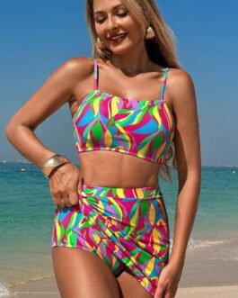 Multicolour Abstract Print Textured Spaghetti Strap High Waist Bikini Set