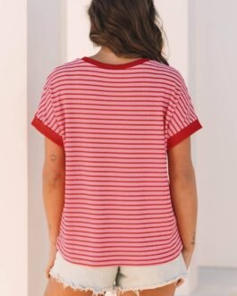 Pink Stripe Knitted Round Neck T Shirt