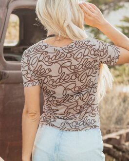 Brown Rodeo Print Round Neck Slim Fit Mesh T Shirt
