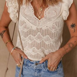 Beige Embroidered Patchwork Hollow Out Knitted Ruffle Sweater Vest