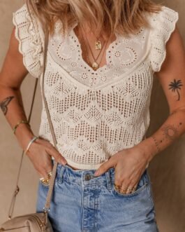 Beige Embroidered Patchwork Hollow Out Knitted Ruffle Sweater Vest