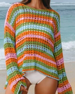 Carrot Multi Stripe Open Knit Sweater Beach Cover Up