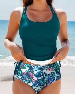 Sea Green Drawstring Tummy Control Mix-and-match 2pcs Tankini Swimsuit