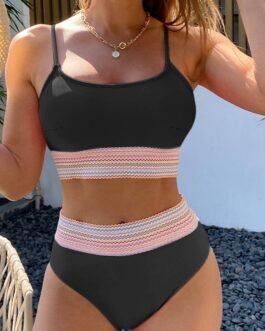 Black Striped Patchwork Spaghetti Strap High Waist Bikini Swimsuit
