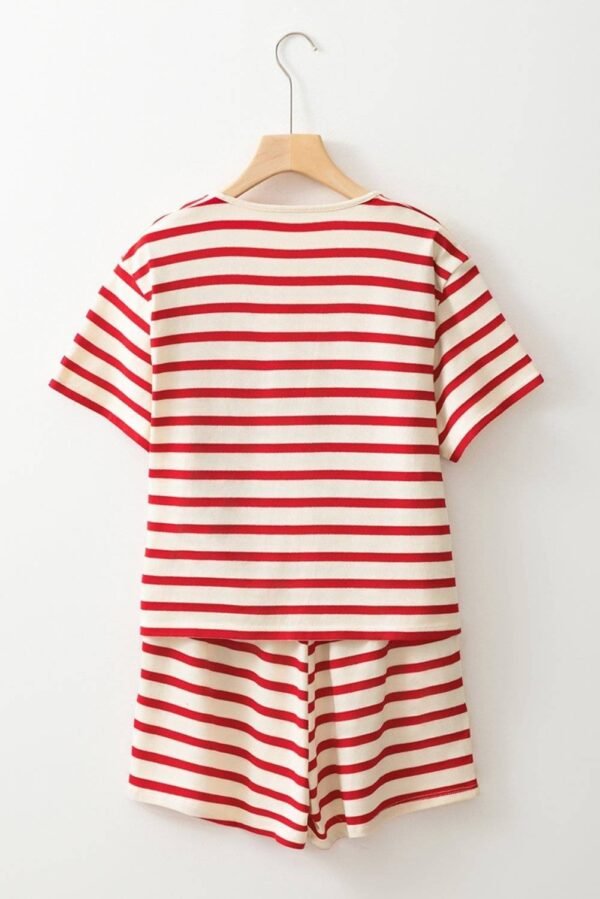 Red Stripe Lace-up Front Top and High Waist Shorts Set - Image 5