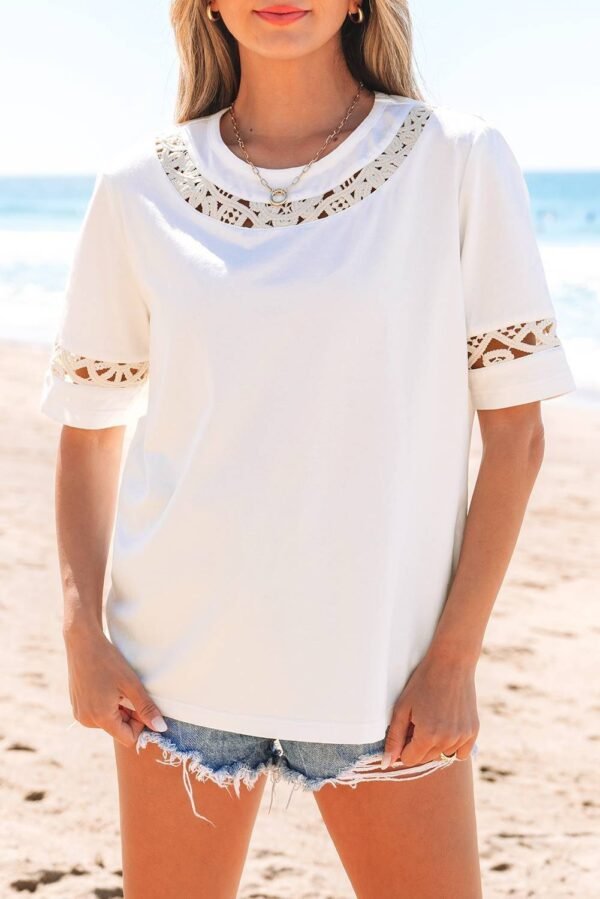 White Lace Crochet Crew Neck Casual T Shirt - Image 7