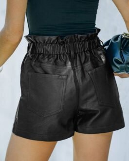 Black Faux Leather Paper Bag Waist High Rise Shorts