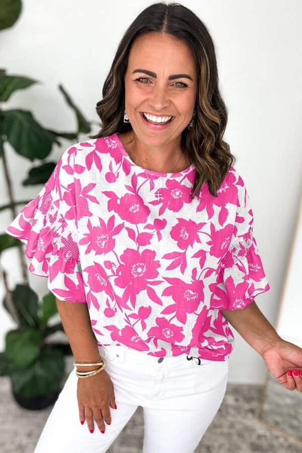 Pink Floral Printed Ruffled Short Sleeve Round Neck Loose Blouse - Image 4