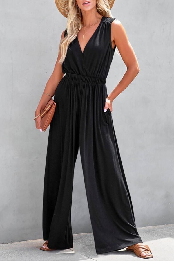 Blackish Green Deep V Pleated Crisscross Wide Leg Backless Jumpsuit - Image 15