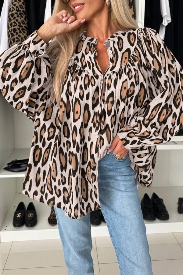 Light French Beige Oversized Leopard Print Balloon Sleeve Casual Shirt - Image 4