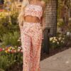 Pink Boho Floral Bandeau Top and High Waist Wide Leg Pants Set