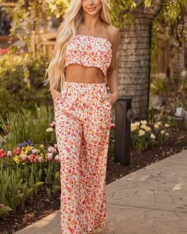 Pink Boho Floral Bandeau Top and High Waist Wide Leg Pants Set