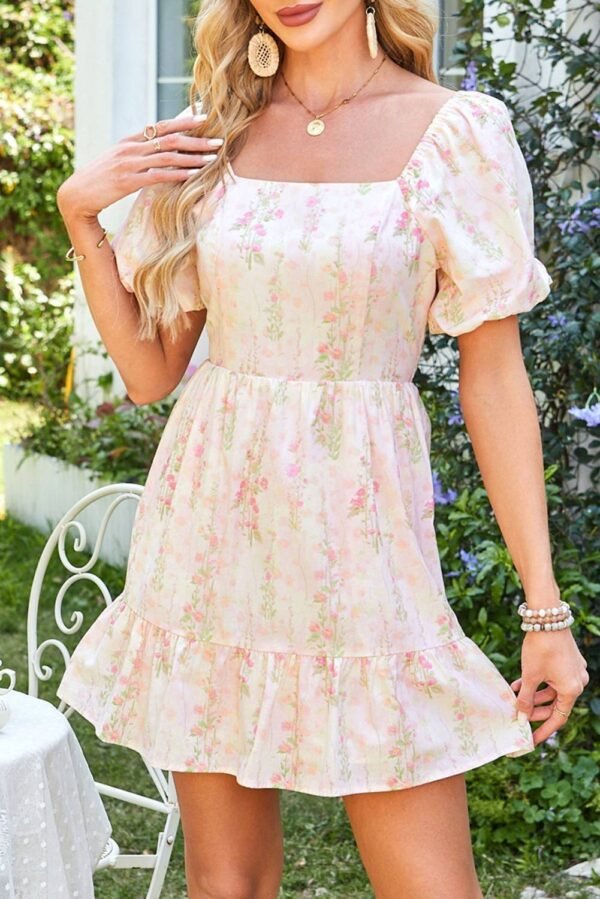 Pink Floral Puff Sleeve Square Neck Knotted Open Back Ruffled Mini Dress - Image 8