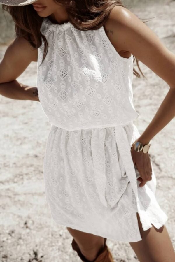 White Lace Sleeveless Knot Hollow Out Back Tied Waist Mini Dress - Image 7