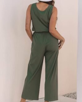 Vineyard Green Buttoned Drawstring Waist Sleeveless Wide Leg Jumpsuit