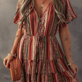 Red Bohemian Floral Print Buttoned V Neck Ruffle Tiered Dress