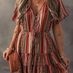 Red Bohemian Floral Print Buttoned V Neck Ruffle Tiered Dress