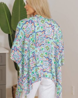 White Boho Floral Printed Rhinestone 3/4 Sleeve Open Front Kimono