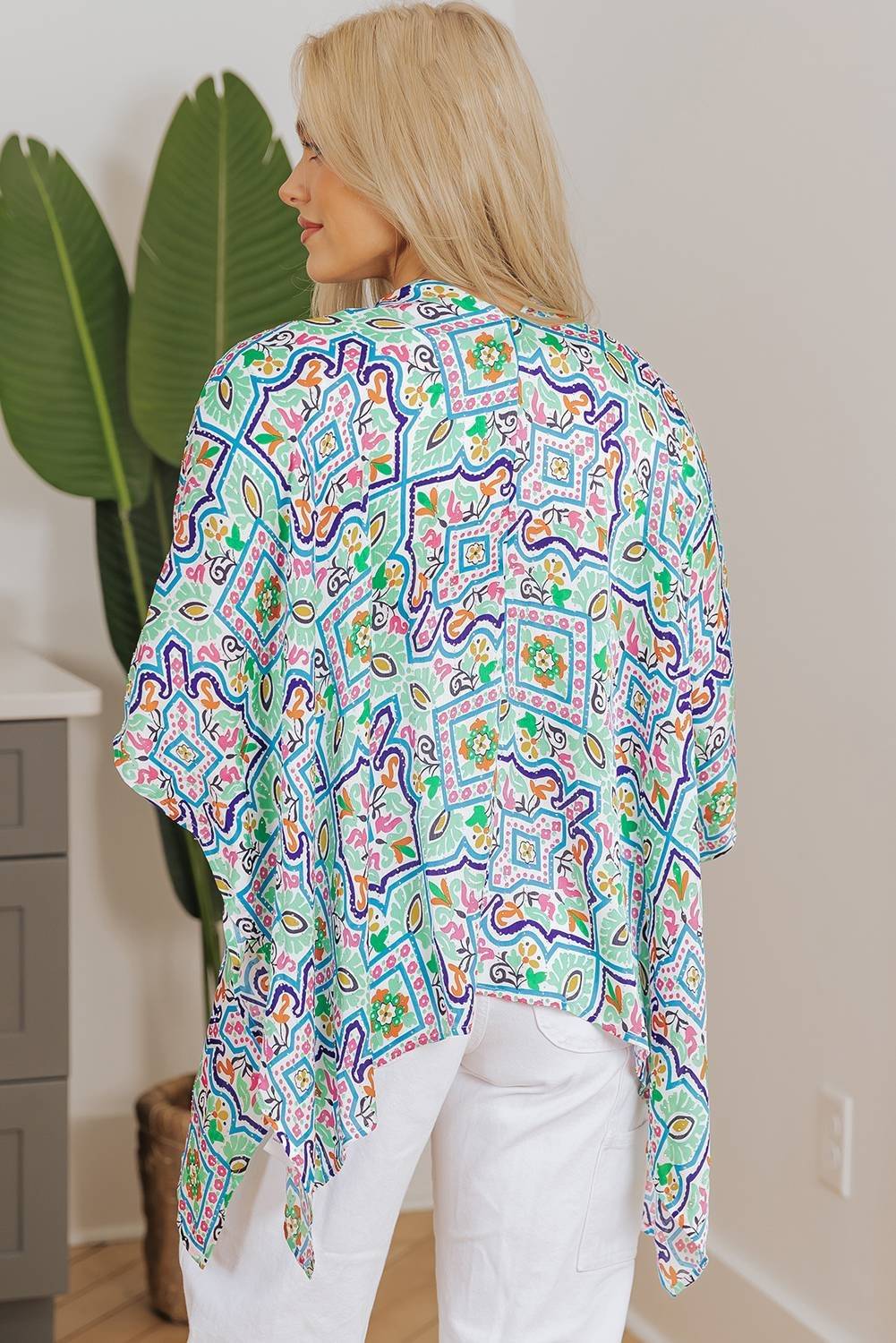 White Boho Floral Printed Rhinestone 3/4 Sleeve Open Front Kimono - Image 2
