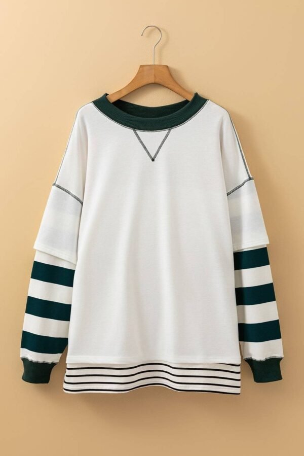 White Stripe Colorblock Sleeve Exposed Seam Fake-2-Piece Sweatshirt - Image 3
