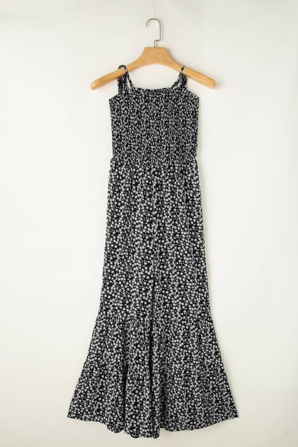 Black Thin Straps Smocked Bodice Wide Leg Floral Jumpsuit - Image 4
