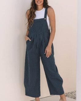 Sail Blue Plaid Print Buttoned Pocketed High Waist Overall