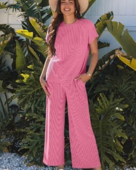 Bright Pink Solid Corded Knit Short Sleeve T Shirt and Wide Leg Pants Set