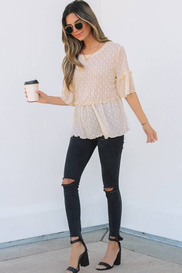 Beige Solid Color Textured Ruffled Short Sleeve Blouse - Image 4