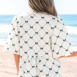 White Bowknot Print Front Knots Bubble Sleeve Blouse