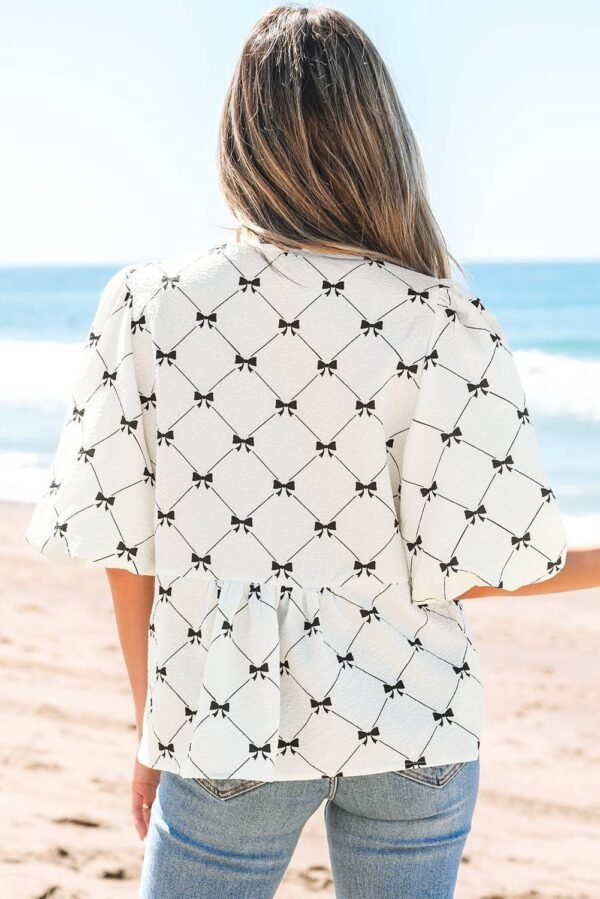 White Bowknot Print Front Knots Bubble Sleeve Blouse - Image 2