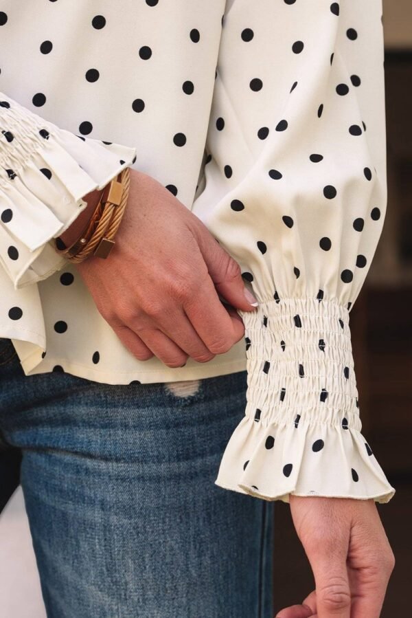 Apricot Polka Dot Print Frilled Collar Lantern Sleeve Blouse - Image 6