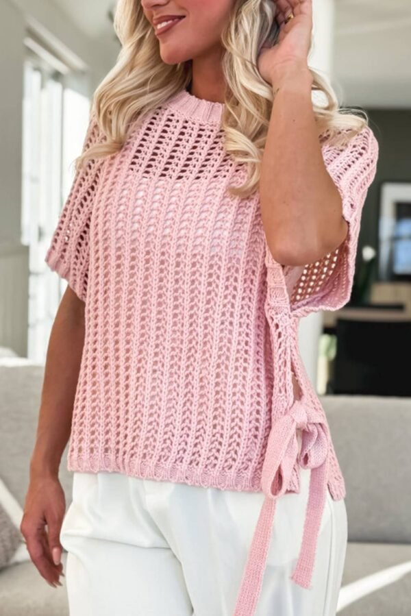 Pink Hollow-out Crochet Side Tied Short Sleeve Sweater - Image 8