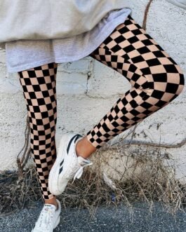 Khaki Checkered Pattern High Waist Skinny Leggings