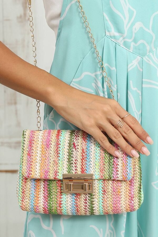 Strawberry Pink Bohemian Woven Gold Chain Shoulder Bag - Image 2