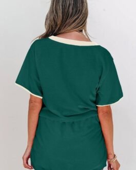 Evergreen Colorblock Edge Drop Shoulder T Shirt and Skort 2Pcs Set