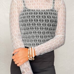 Beige Sheer Mesh Patterned Lettuce Trim Slim Long Sleeve Top
